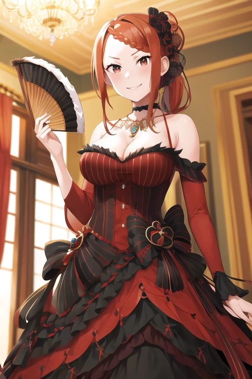 masterpiece, highest quality, High resolution, Humphries, Long Hair, Braided bangs, Low Ponytail, hair ornaments, choker, clavicle, necklace, Cleavage, Exposing shoulders, Red dress, Removable sleeves, Black sleeves, Cowboy Shot, View your viewers, indoor, chandelier, holding fan, smile, Are standing, Red Hair、