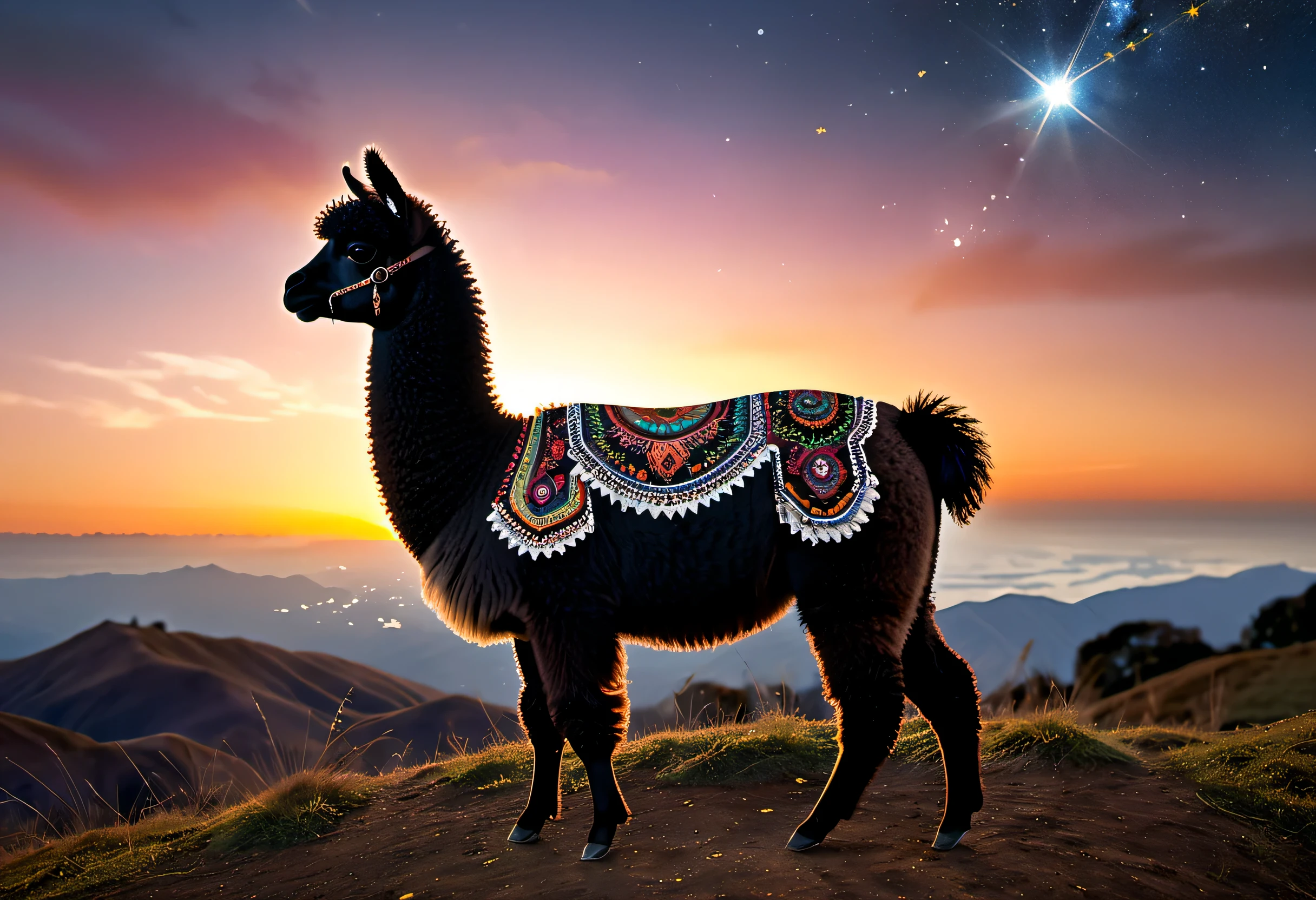 high details, best quality, 16k, [ultra detailed], masterpiece, best quality, a picture of an alpaca (intricate details, Masterpiece, best quality: 1.3) standing on a hilltop at sunset (intricate details, Masterpiece, best quality: 1.2), the alpaca body is dark and (black: 1.2) and filled with stars (intricate details, Masterpiece, best quality: 1.4) ladyshadow, you can see the sun setting behind the alpaca,