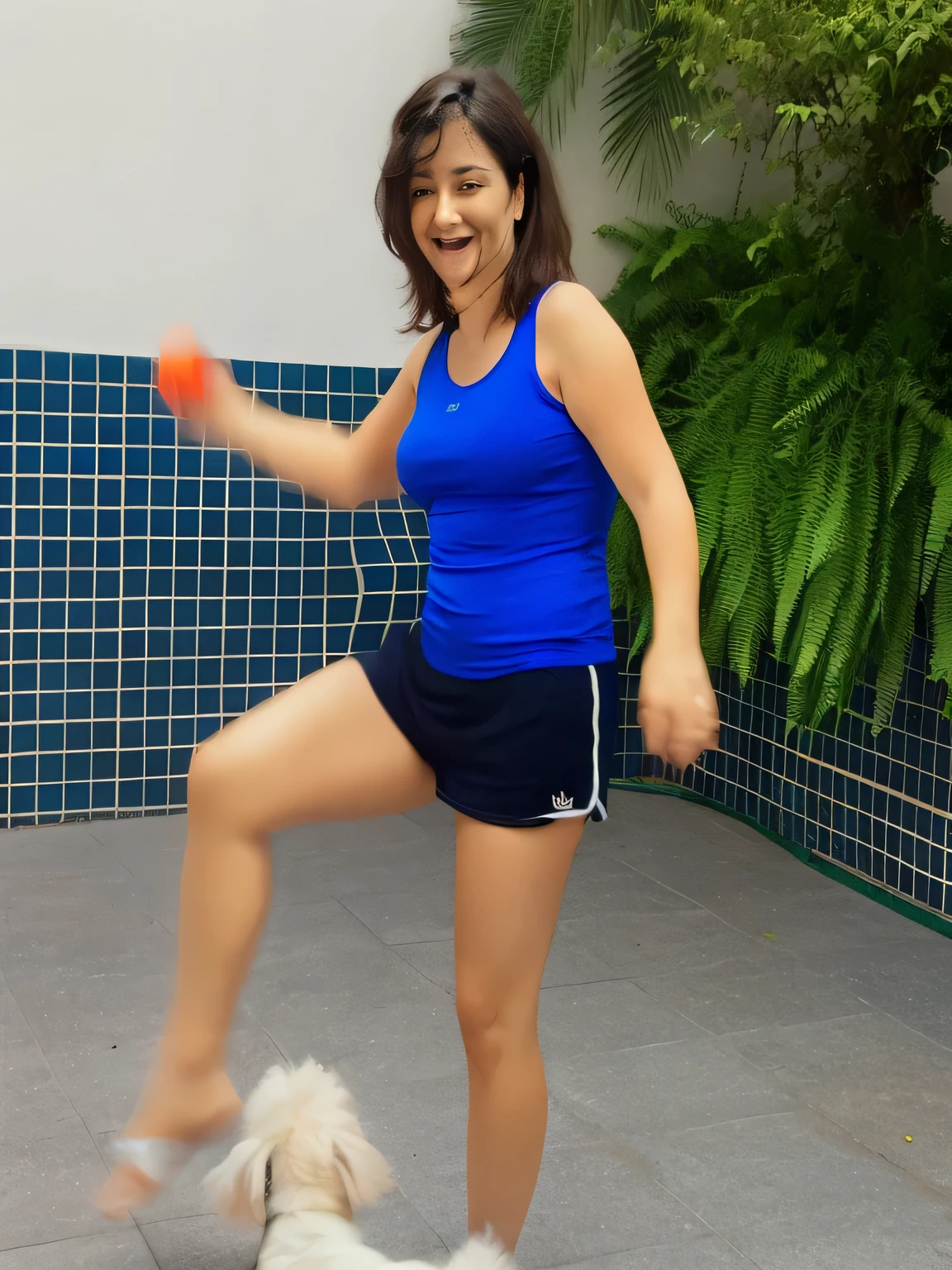woman in blue shirt playing with a white dog on a tiled floor, by Amelia Peláez, by Samuel Silva, hip and leg shot, squatting down next to a pool, by Nándor Katona, by Luis Miranda, by Gina Pellón, fernanda suarez, malika favre, caroline gariba, doing a kick