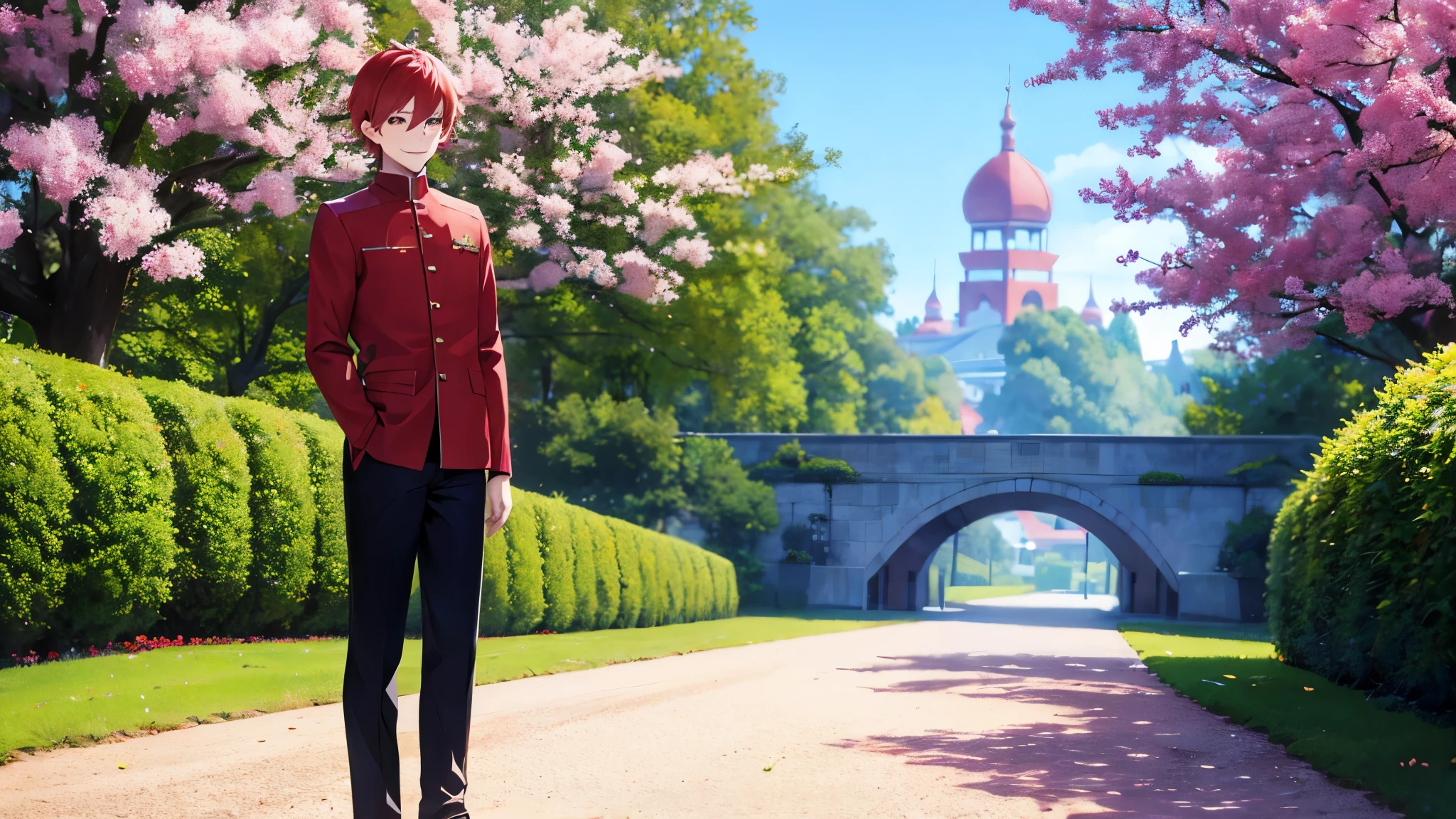 Anime characters、boy、smile、Red Short Hair、Standing in a flower garden