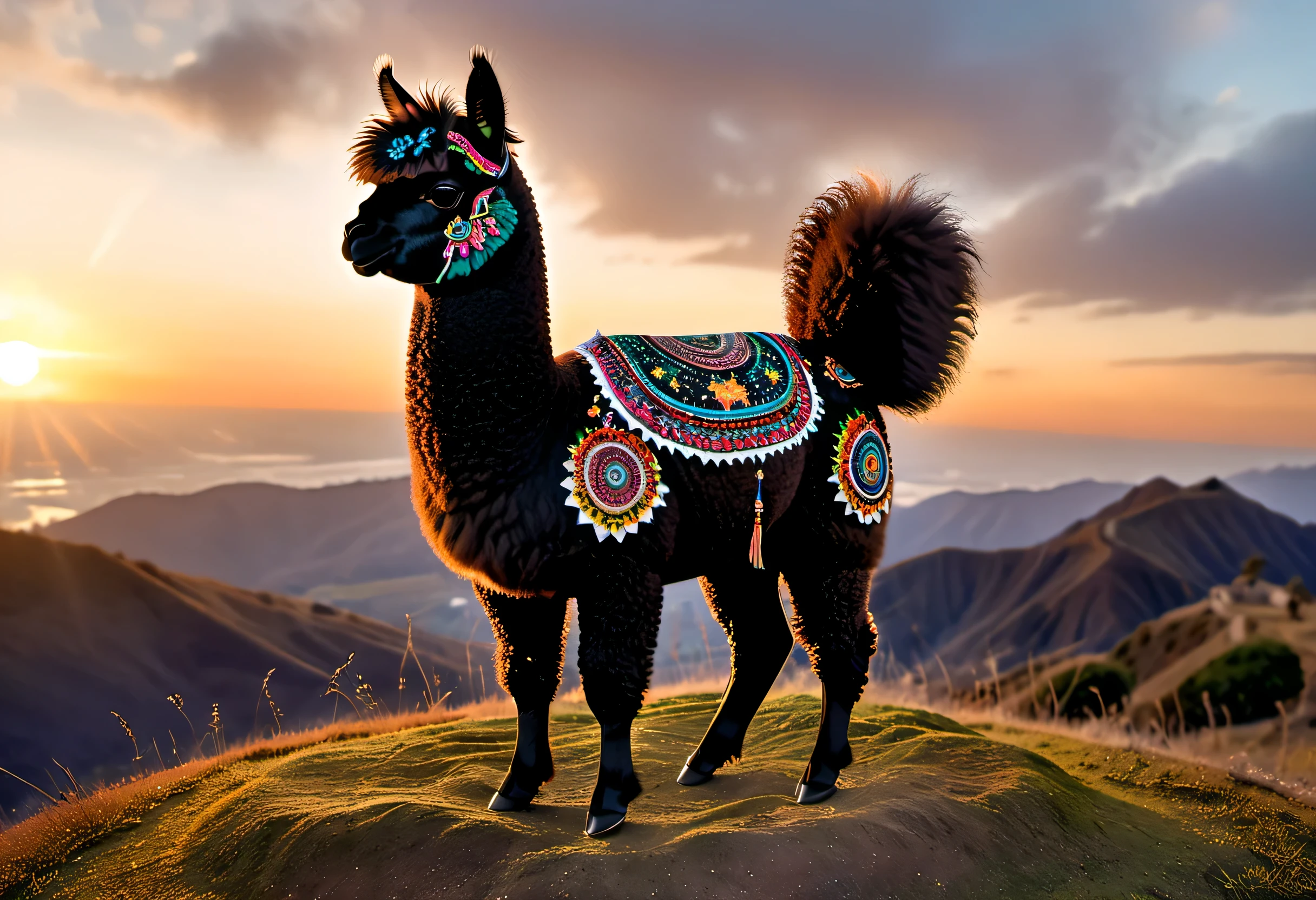 high details, best quality, 16k, [ultra detailed], masterpiece, best quality, a picture of an alpaca (intricate details, Masterpiece, best quality: 1.3) standing on a hilltop at sunset (intricate details, Masterpiece, best quality: 1.2), the alpaca body is dark and (black: 1.2) and filled with stars (intricate details, Masterpiece, best quality: 1.4) ladyshadow, you can see the sun setting behind the alpaca,