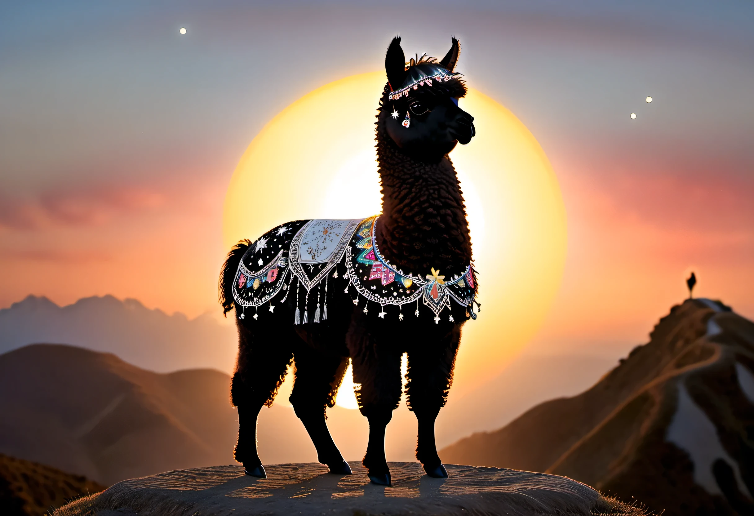 high details, best quality, 16k, [ultra detailed], masterpiece, best quality, a picture of an alpaca (intricate details, Masterpiece, best quality: 1.3) standing on a hilltop at sunset (intricate details, Masterpiece, best quality: 1.2), the alpaca body is dark and (black: 1.2) and filled with stars (intricate details, Masterpiece, best quality: 1.4) ladyshadow, you can see the sun setting behind the alpaca,