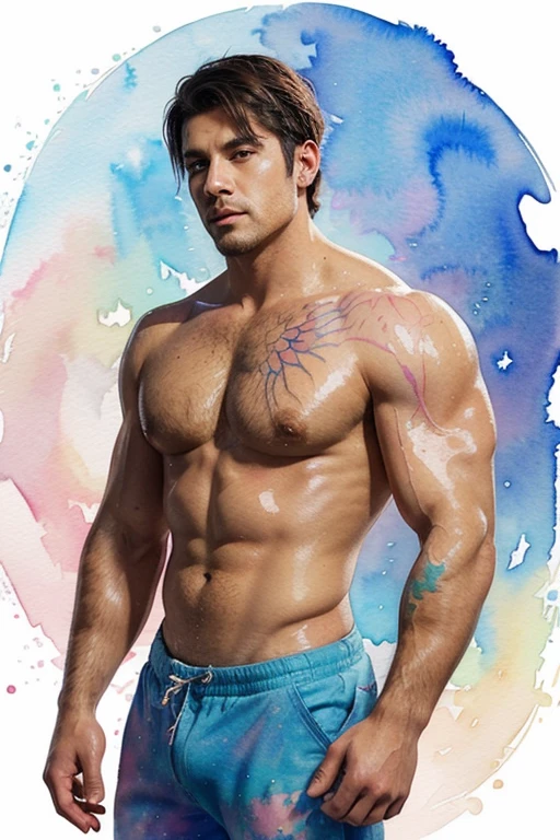 One muscular burly and tattooed solo man, ((watercolor texture)), colorful, soft color, anime illustration, bubble, glitter 