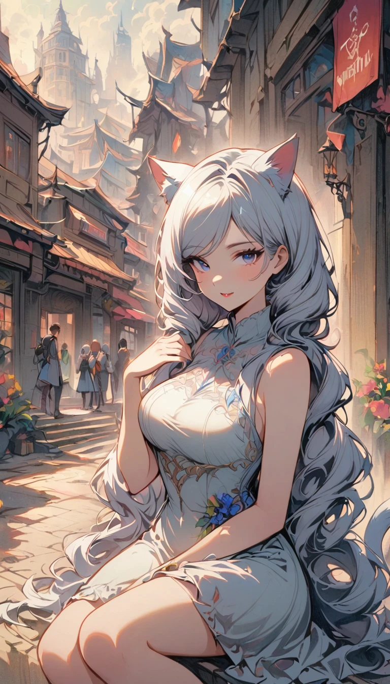 SFW, masterpeice, highres, 1 Girl, solo, standing, looking at the viewer, white long hair, cat ears, blue pupils, detailed eyes, detailed face, blushing, light pink lips, fishnet stockings, calm, intellectuals, three bangs, white short dress, lace gloves, village, mountains in the background