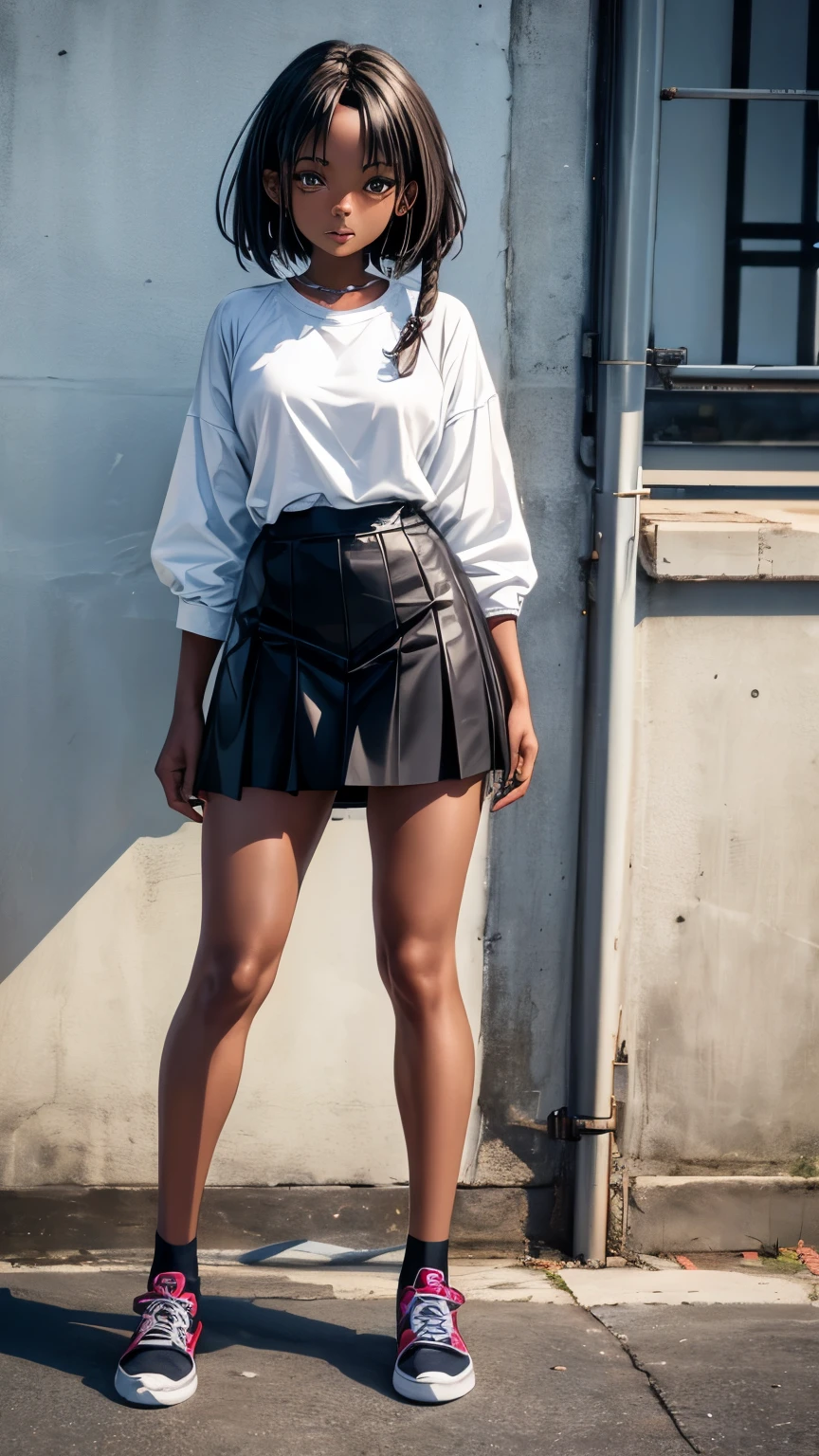 high quality manga style, 18 uears old pretty Jamaican dark skin girl, short dread hair stand still with long straight legs wearing deep black mini skirt and short white shirtrt, no back ground, facing front, full body shot, looking into camera lenz facing front
