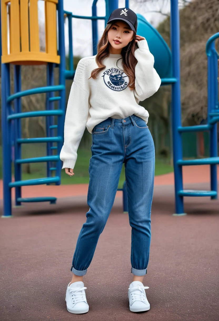 (((RAW image quality: 1.4))), highest quality, very high resolution, (realistic: 1.4), Wearing a long-sleeved sweater with the latest trend motif, spring-like jeans and sneakers、photo of an active young girl, standing, size medium breasts, full body photo, baseball cap, random poses, outdoor background of a playground