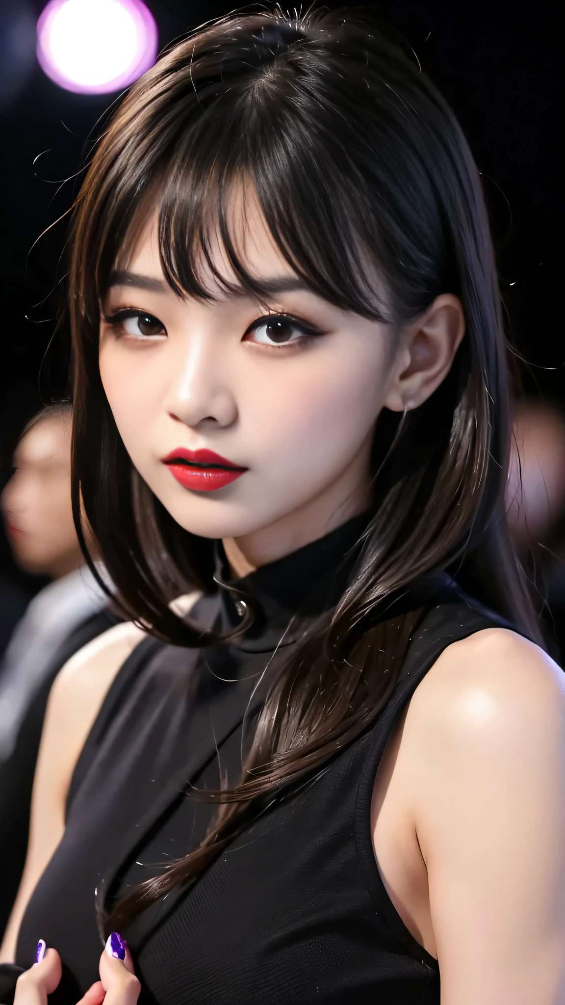 tra-detailed、Japanese、Attractive beauty、seductive adult woman、Pretty Woman、cool girl、brown hair、wavy hair、swept bangs、piercing eyes、hollow eyes、half-closed eyes、Hollow Eyes、Purple Eyeshadow、black lipstick、black lip gloss、dark makeup、smirk、Whisper in my ear、Evil expression、Long Black Cheongsam、Black wide sleeves、Evil cadres、Fallen into evil、brainwash、mind control、evil、Church at night、Swear allegiance、Have lipstick、Are standing