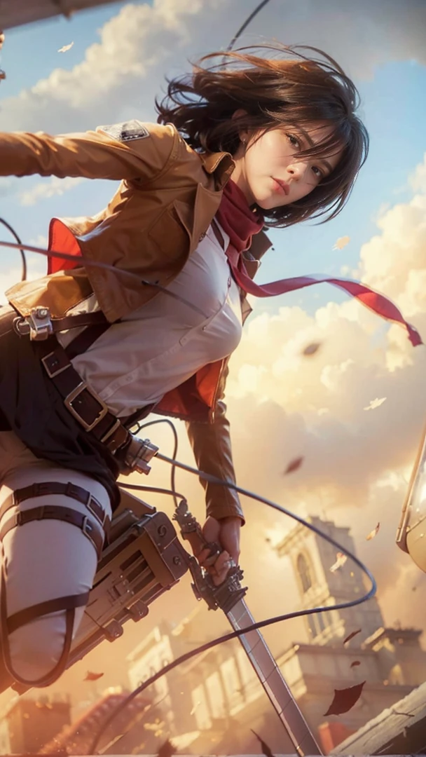 Mikasa, Masterpiece, Best quality, A high resolution, Short hair, Black eyes, Scarf, emblem, belt, thigh band, Red scarf, White pants, Brown jacket, Long sleeves, holding weapon, sword, dual wielding, Three-dimensional electric gear, Arms spread wide, standing on one leg, Wide shot, sky, Highest quality, high resolution.