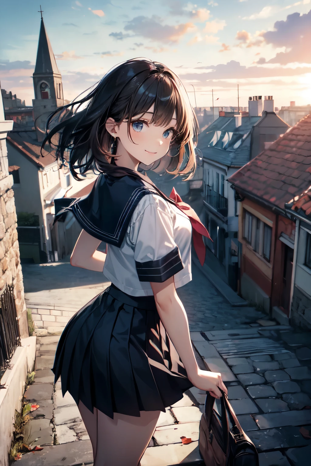 very cute and beautiful girl,teen,(highly detailed beautiful face),
(smile),black hair,middle part hair,(sailor ,pleated navy blue mini skirt),dynamic pose,looking at viewer,
many european houses with red roof,(town overview:1.2),
(best quality,masterpiece:1.0),absurdres,highres,ultra-detailed,extremely detailed,32k,8k resolution,
intricate details,cinematic scene,detailed background,solo,dynamic angle,
hair fluttering in the wind,beautiful detailed sky,realistic,
