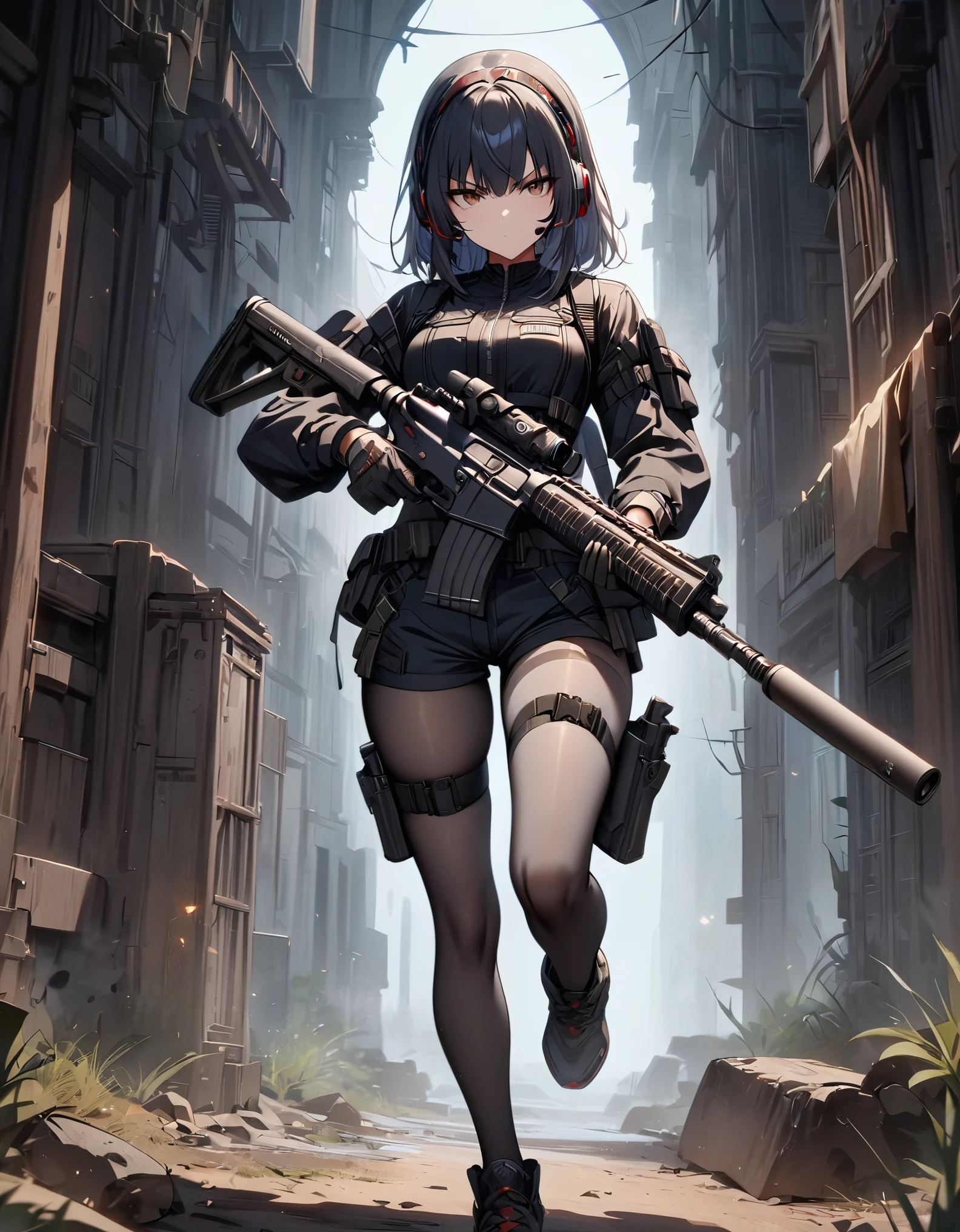 (masterpiece, best quality, high quality, highres, ultra-detailed), 1girl, muslim, brown eyes, full body, gloves, black hair, serious, stoic, headset, holster, kochiy sanae, solo, suppressor, thigh holster, thigh strap, trigger discipline, weapon, medium hair, matching grey pantyhose, black shorts, tights. using an assault rifle,