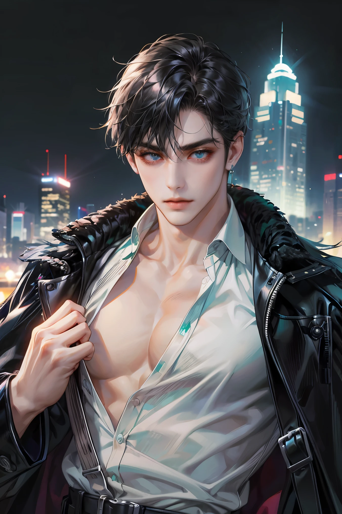 (absurdres, highres, ultra detailed, original character), 1 russian boy, solo, adult, handsome, ((tall muscular guy, broad shoulders)), finely detailed eyes, ((fluffy black hair)), hair between eyes, turquoise eyes, holographic, futuristic, casual outfit, black coat, gun holster, ((chest strap)), white shirt, ((wearing a black earring)), from waist, face focused, tower walled city scenery, dystopian hong kong city, skyscrapers, Cyan, Magenta, long face, closed mouth, looking at viewer, depth of field, bokeh