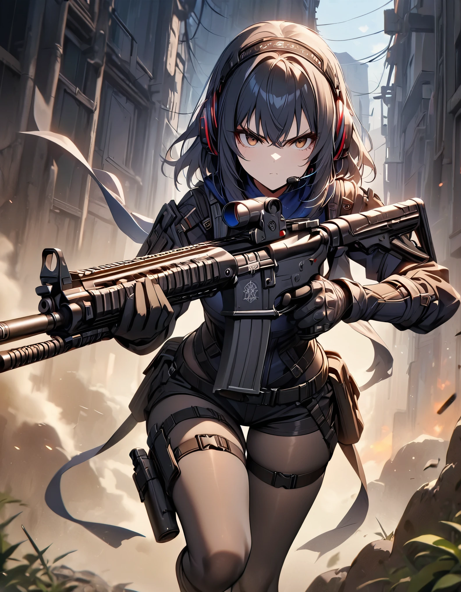 (masterpiece, best quality, high quality, highres, ultra-detailed), 1girl, muslim, brown eyes, full body, gloves, black hair, serious, stoic, headset, holster, kochiy sanae, solo, suppressor, thigh holster, thigh strap, trigger discipline, weapon, medium hair, matching grey pantyhose, black shorts, tights. using an assault rifle,