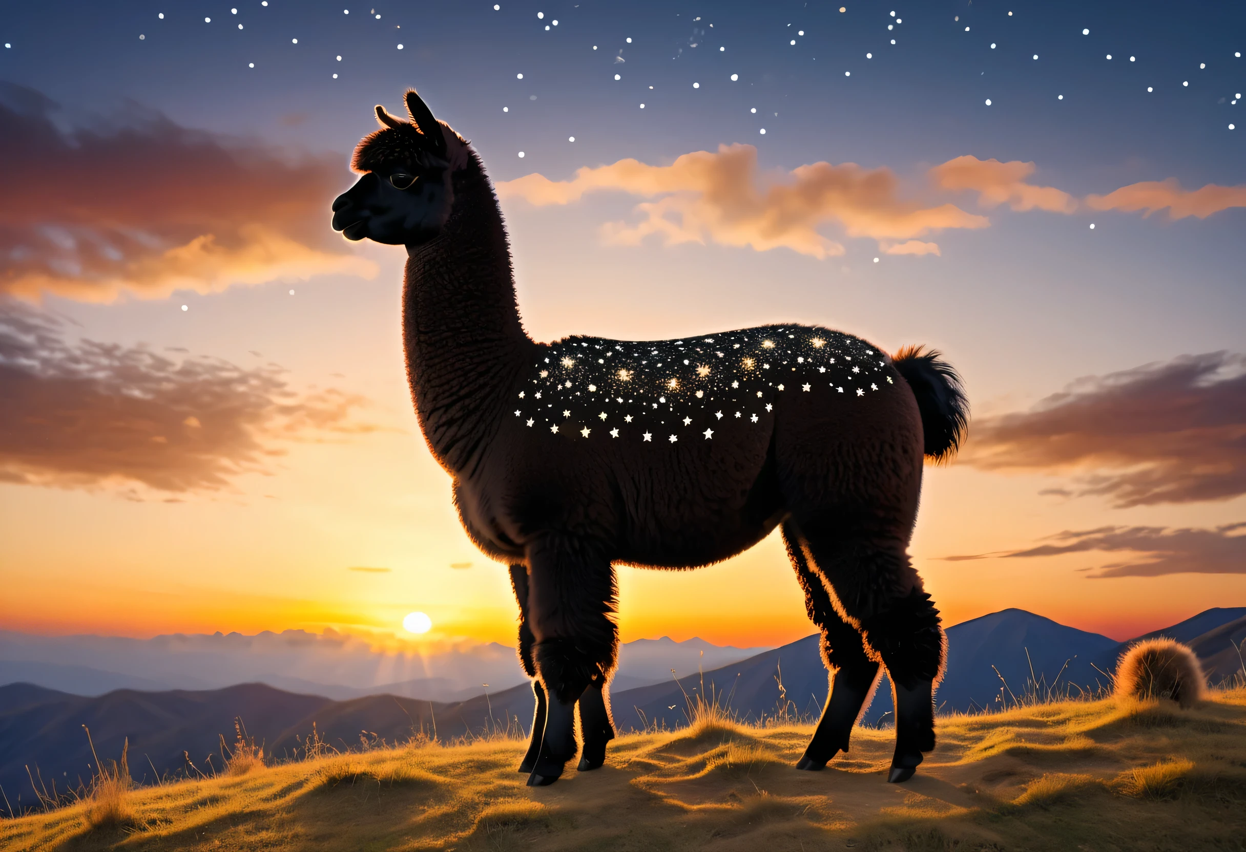 high details, best quality, 16k, [ultra detailed], masterpiece, best quality, a picture of an alpaca standing on a hilltop at sunset, the alpaca body is dark and black and filled with stars ladyshadow, you can see the sun setting behind the alpaca, 