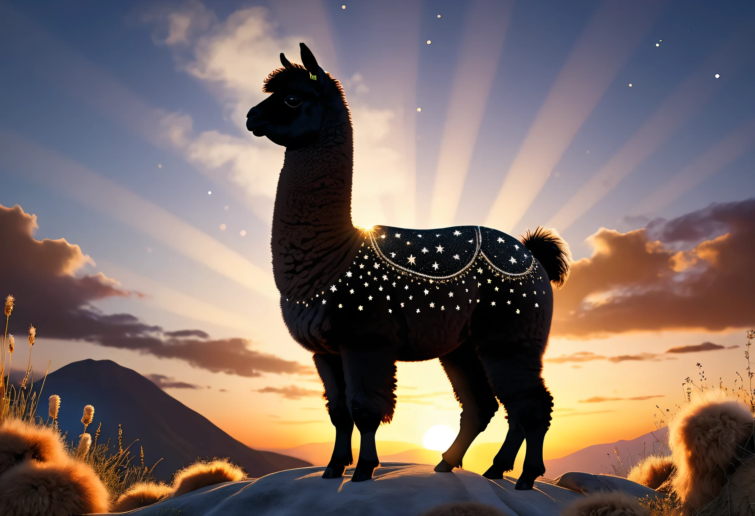 high details, best quality, 16k, [ultra detailed], masterpiece, best quality, a picture of an alpaca standing on a hilltop at sunset, the alpaca body is dark and black and filled with stars ladyshadow, you can see the sun setting behind the alpaca, 