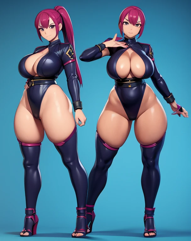 Anime woman, 3d rendering, ninja outfit, front and back, same person, thick thighs, big breasts, big ass, wide hips, tanned skin