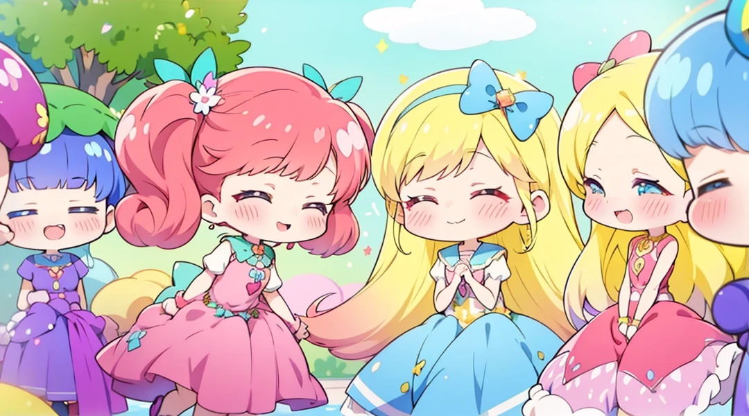 two anime girls dressed in colorful dresses standing next to each other, Anime Style. 8k, Rainbow clothing, colorful]”, Anime Color, artwork in the style of Gweitz, Gweitz, Anime Style 4 k, Two beautiful anime girls, Rainbow Core, cute colorful adorable, Gweitz on pixiv artstation, Just one rainbow 8 K