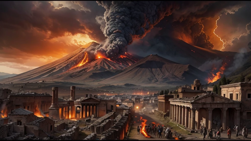 
Masterpiece, In the chilling dawn of 79 AD, the skies above the ancient Roman city of Pompeii are painted with a terrifying canvas as Mount Vesuvius erupts, unleashing destruction. Massive, fiery pyroclastic flows surge down the slopes, engulfing the city in a catastrophic embrace. The Tyrrhenian Sea reflects the fiery glow, mirroring the apocalypse unfolding on land. Desperate Romans are depicted fleeing for their lives, their expressions etched with fear and desperation against a backdrop of ultimate chaos. The scene captures a dramatic and historic event, surrounded by an atmosphere of an imminent end of days, where nature's fury reclaims all in its path, 16K, ultra high res.photorealistic, UHD, RAW, DSLR, wide angle