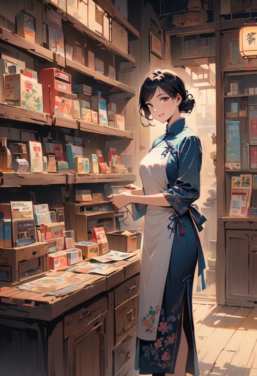 vintage film style, Medium shot, Depth of Field, midnight，Convenience store female owner，Black Hair，Brown eyes，delicate lips，Wear an apron，Confident smile，Neat appearance，Chinese traditional spring clothing，Floral Pattern，Standing in a brightly lit convenience store，antique wooden furniture，Elaborately carved decoration，Chinese traditional elements，Instant noodles on the shelf,Refreshing drinks,Magazine,newspaper，Lottery rack，Clean the floor，Creative store decoration，window sticker，shadow，（best quality，very good，Photorealism），traditional media，Immersive Reality，Street view at night，Outdoor sign light sky，Defocused lights in the background create a warm and inviting atmosphere