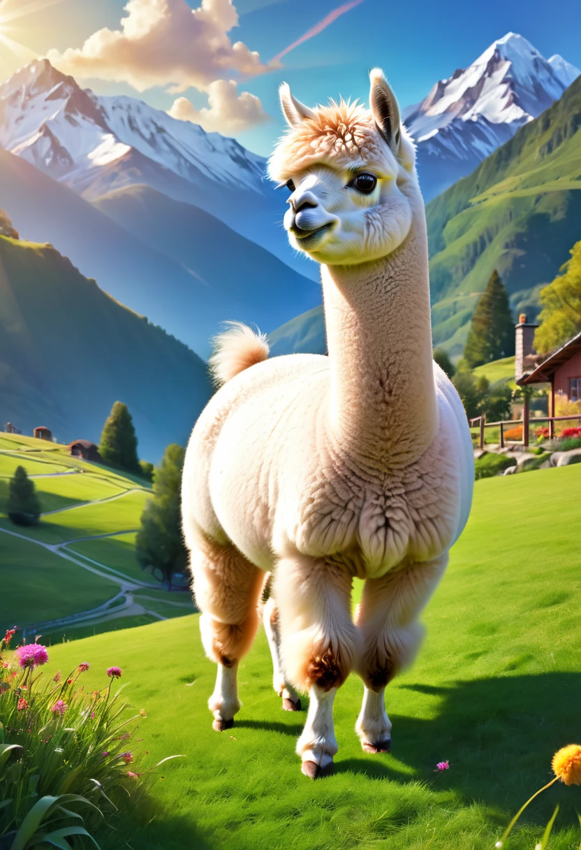 An Alpaca, aesthetic, best quality,ultra-detailed,realistic,photorealistic,alpaca,random activities,funny expressions,fluffy fur,cute eyes,curious pose,playful behavior,beautiful landscape,green grass,tall mountains,vibrant colors,sunshine,soft lighting,adventurous spirit,pure joy,memorable moment,artistic style,creative composition,colorful palette,harmonious atmosphere,ethereal ambiance,vivid details,dynamic motion,joyful energy,surreal elements,imaginative interpretation,sense of wonder,whimsical touch,playful imagination,unpredictable actions,mischievous smile,lively personality,surprising encounters,unexpected scenarios,endearing sight,delightful surprises,magical moments,fantastical elements,heartwarming scenes,cherished memories