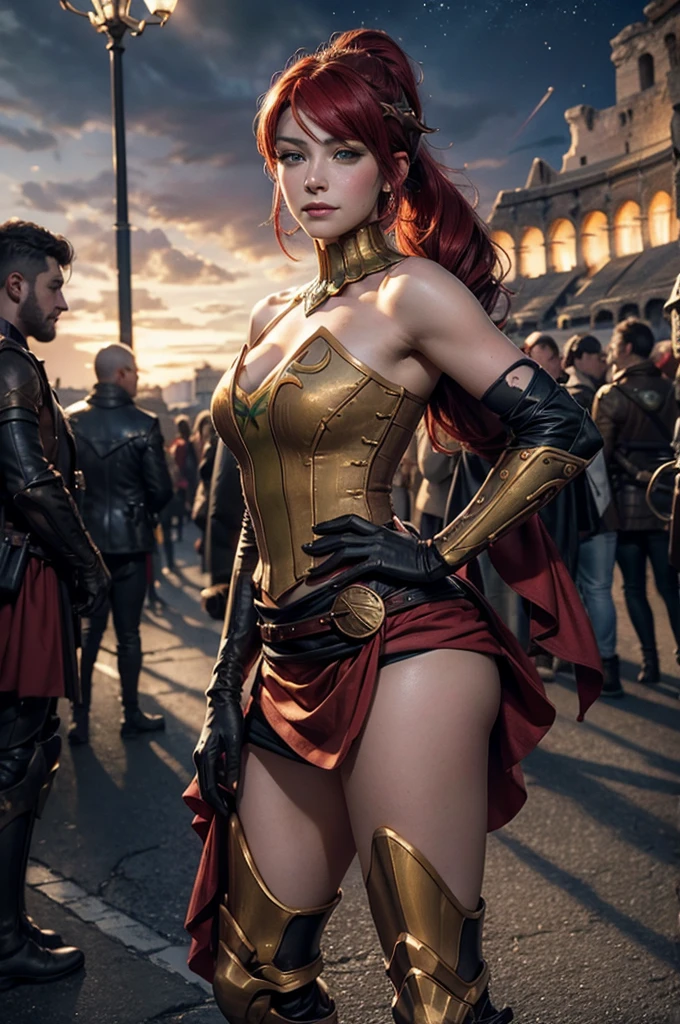 I want to be a powerful figure behind the scenes！,Iris Midgar,Red hair,long hair,Outside flip,with a single braid on one side only,Red eyes,Red Eyes,Beautiful white skin,A suit in black with gold trim,White long pants,Sapphire necklace,Photorealistic,Ultra HD,high quality,masterpiece,Digital SLR,Detailed details,Intricate details,Anatomical basis,Depicted in detail,A detailed face,Realistic skin texture,Vivid details,Perfect Anatomy,Perfect Anatomy,Anatomically correct hand,Anatomically correct fingers,Super Detail,Complex 3D rendering,The worldview of a fantasy with sexy poses,In the great outdoors,Petals of roses dance,Picturesque,Pink Lips,smile,