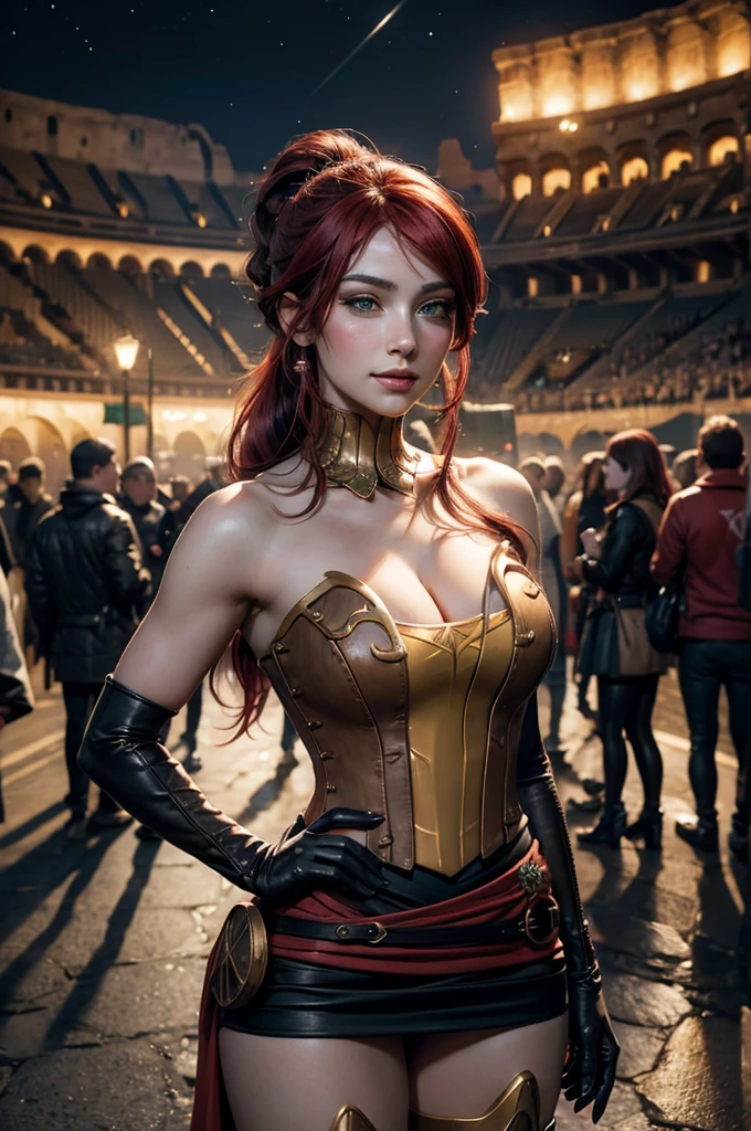 stunning girlfriend, heart shaped face, elegant face, beautiful face, highly detailed face, highly detailed skin, skin pores, subsurface scattering, realistic pupils, full lips, detailed background, depth of field, atmospheric perspective, volumetric lighting, sharp focus, absurdres, realistic proportions, good anatomy, (realistic, hyperrealistic:1.4), 16k hdr, ((best quality)), ((highly detailed)), absurdres, (detailed eyes, deep eyes), (1girl), full body, pyrrha nikos, rwby, red hair, ponytail, green eyes, medium breasts, smiling, circlet, bustier, bare shoulders, skirt, elbow gloves, bracers, armored boots, hands on hips, (outside, night, stars, Colosseum, crowd, (crowd wearing traditional Greek clothing))