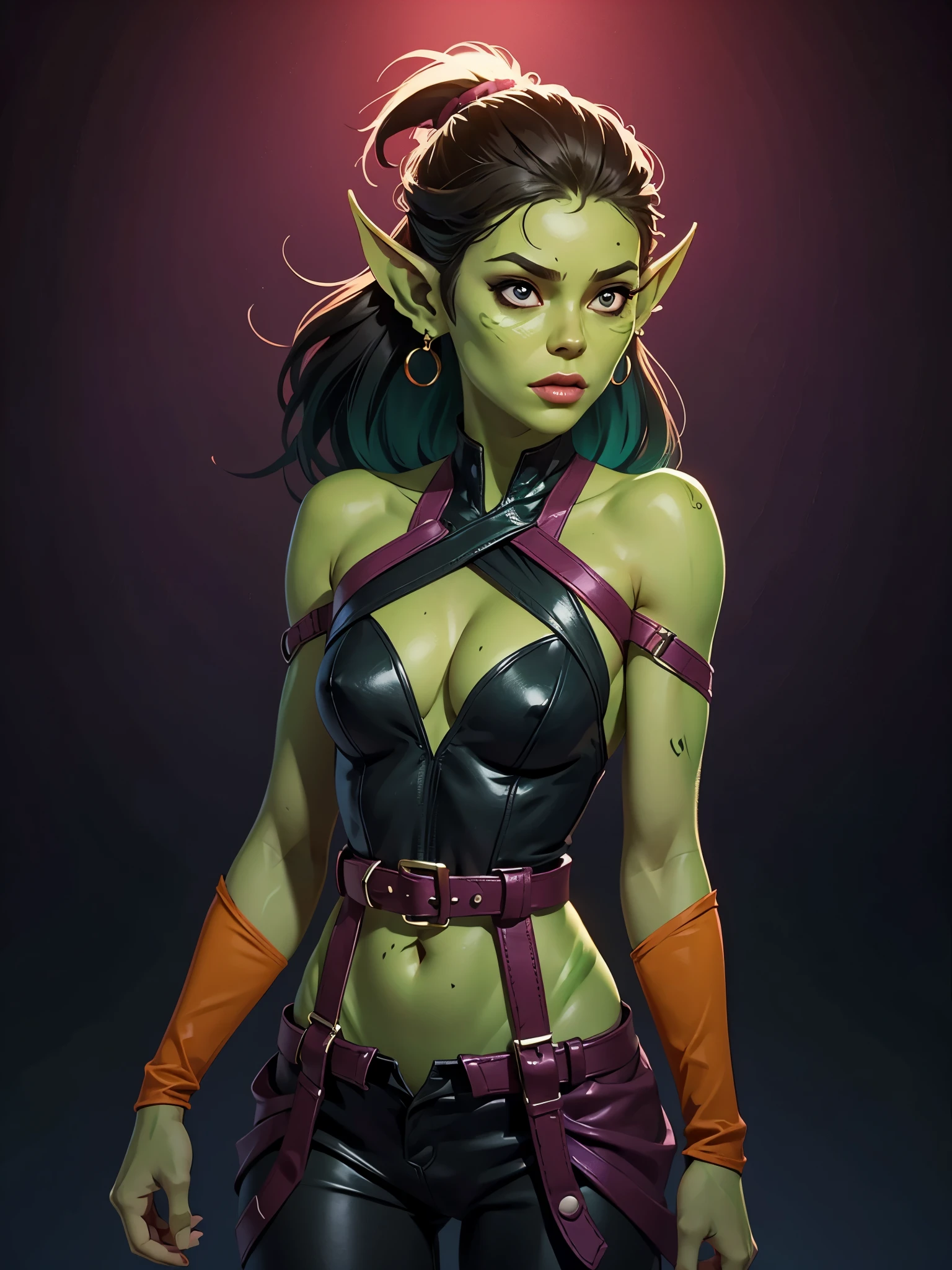 one githyanki girl, githyanki, (green skin, pointy ears, long ears:1.5), solo, (slender body:1.2), (muscular, upper body, bust:1.2), black eyes, black hair, (revealing outfit, tiny breasts, small breasts, male chest, cleavage, exposed body:1.5), bare shoulders, (belts, shoulder-belts:1.3), masterpiece, highly detailed, look at viewer, shiny blured orange background, gradient sprayed background, front view, gradient red purple background, blured background, glowing edges of image