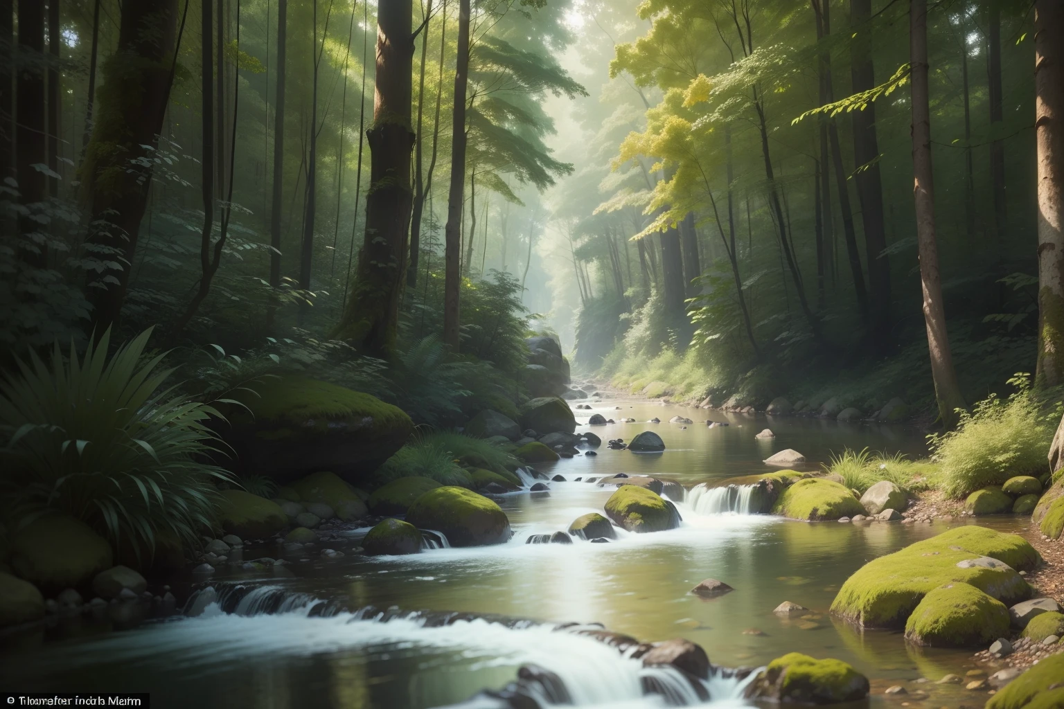 Midground: A crystal-clear stream meanders through the forest, its gentle babble adding to the symphony of birdsong and rustling leaves. The water reflects the vibrant greens and earthy browns of the surrounding foliage, creating a serene and tranquil atmosphere.

