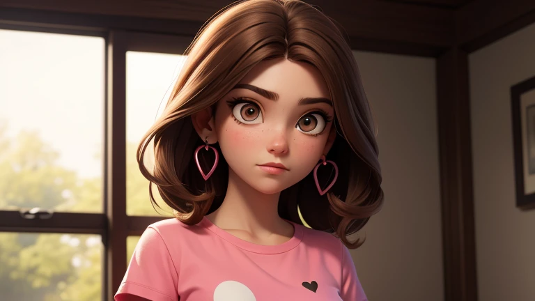 obra de arte, melhor qualidade, high resolution, extremamente detalhado, fundo detalhado, cinematic lighting, 1 garota, olhando para frente, segurando um microfone, medium straight brown hair , olhos castanhos dourados, usando brincos delicados, pink t-shirt with heart details,