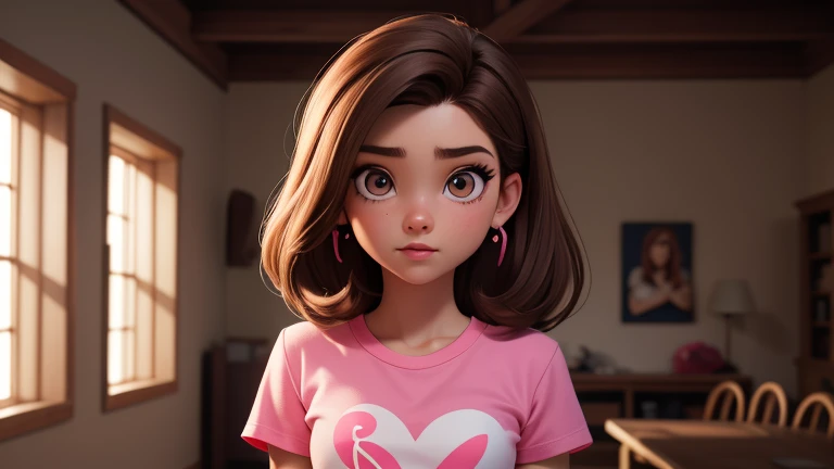 obra de arte, melhor qualidade, high resolution, extremamente detalhado, fundo detalhado, cinematic lighting, 1 garota, olhando para frente, segurando um microfone, medium straight brown hair , olhos castanhos dourados, usando brincos delicados, pink t-shirt with heart details,