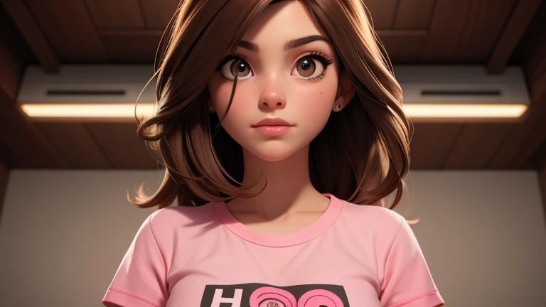 obra de arte, melhor qualidade, high resolution, extremamente detalhado, fundo detalhado, cinematic lighting, 1 garota, olhando para frente, segurando um microfone, medium straight brown hair , olhos castanhos dourados, usando brincos delicados, pink t-shirt with heart details,