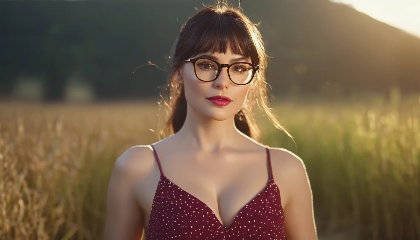 Sun on a farm; volumetric lighting, spectacular, ambient lights, luminous colors, cinematic atmosphere, realism style, intricate details. ((best quality: 1.4, 8k)), (((ultra-high resolution, physics-based rendering. (((The main scene is f/1.2 wide angle, a beautiful light brunette woman, 38 years old, wearing square glasses) )); small, well-focused eyes; thin, detailed eyebrows, (half-combed dark brown hair, bangs), very detailed skin texture, slight dimple on the face without makeup, small mouth with burgundy lipstick 1.4, long dress 1.6)) ), ((normal body thin abdomen, narrow waist, clear facial features)); (radiant expression: 1.3, looking at the right side of the scene: 1.2), (( (totally semi-dark background)), ((slight cleavage in front: 1.8)), legs in front of each other: 1.4, (( exposed detail: 1.4, full frontal position of the scene f/1.2)), ((Many bright and colorful particles are flying: 1.5, backlit )).