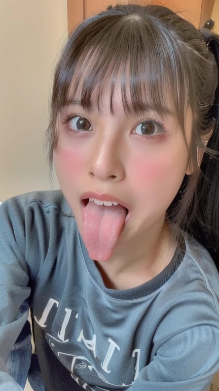 Japanese woman, beautiful girl, gal, baby face, highest quality realistic skin, eyes are focused, 20 years old, sticking out tongue, focus on mouth, open mouth, long tongue, saliva, open mouth wide, inside of mouth visible, open mouth and sticking out tongue, realistic tongue