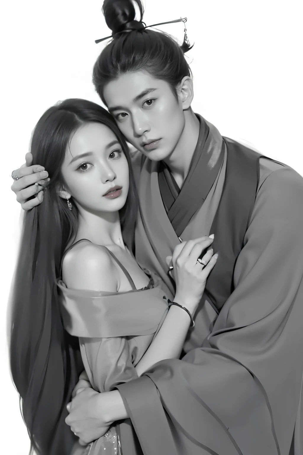 Drawing of a man and woman hugging each other, Inspiration from Zhang Han, High quality fan art, Artwork in the style of gouache, Inspired by Shin Saimdang, Black and white sketch, In the art form of the pond, Couple pose, Inspiration from Guan Tao Sheng, Flowing hair and long robes, Inspiration from Lü Ji