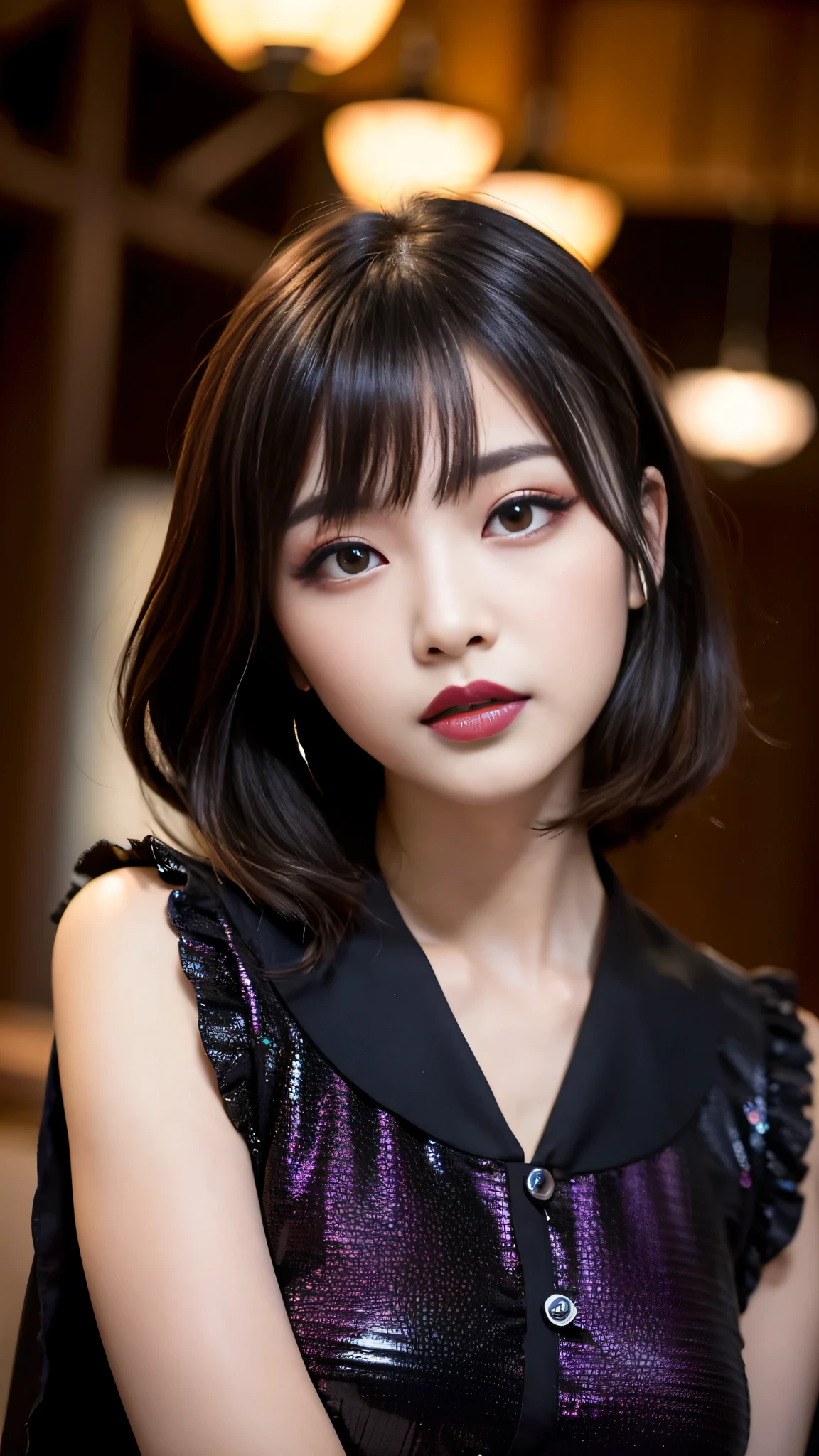 tra-detailed、Japanese、Attractive beauty、seductive adult woman、Pretty Woman、cool girl、brown hair、wavy hair、swept bangs、piercing eyes、hollow eyes、half-closed eyes、Hollow Eyes、Purple Eyeshadow、black lipstick、black lip gloss、dark makeup、smirk、Whisper in my ear、Evil expression、Long Black Cheongsam、Black wide sleeves、Evil cadres、Fallen into evil、brainwash、mind control、evil、Church at night、Swear allegiance、Have lipstick、Are standing