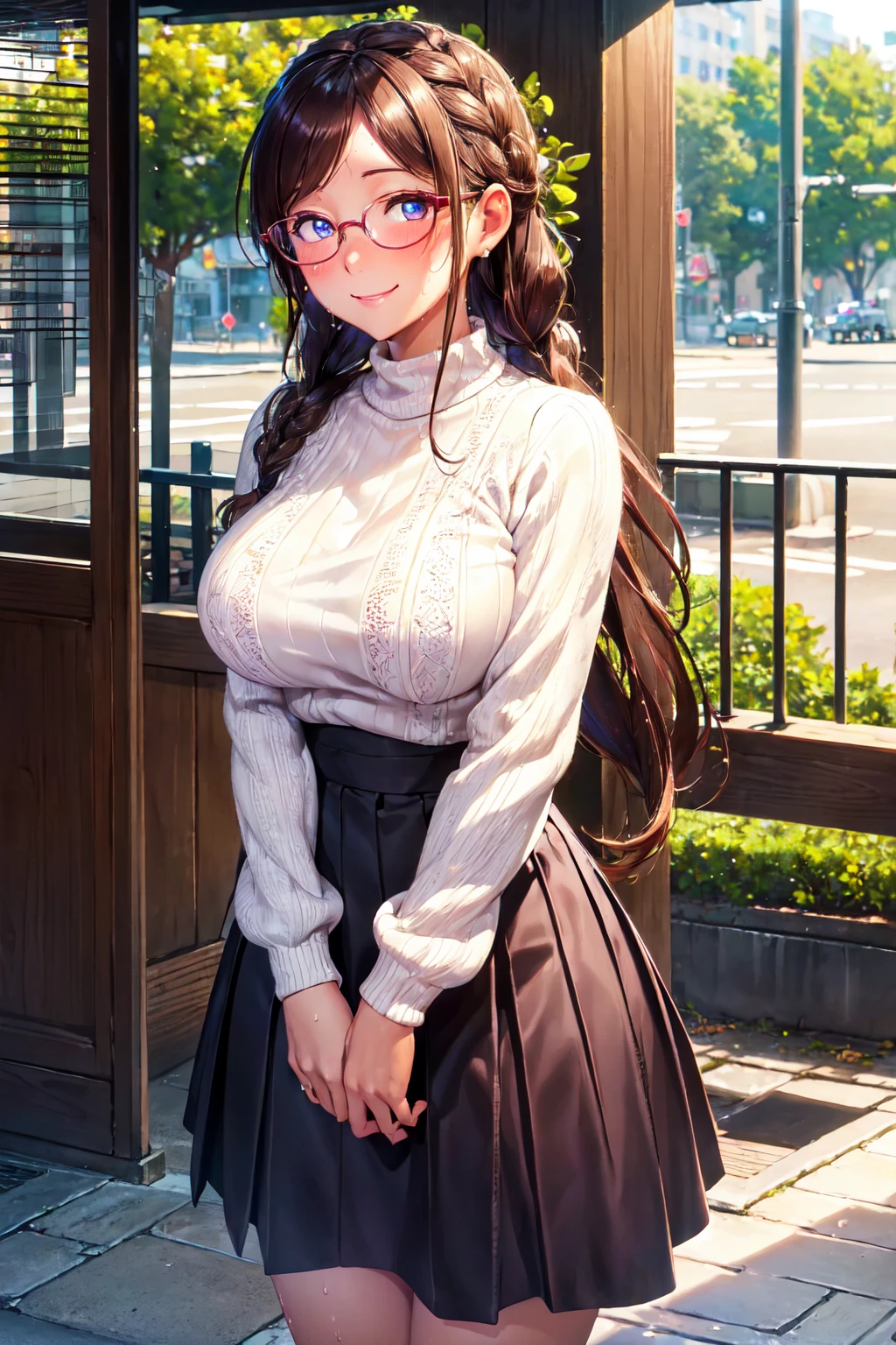 (high quality, High resolution, Finer details), Sidewalk, Side view, alone, girl, Braiding, , Sparkling eyes, (large round frame glasses), (Beautiful Eyes), Big Breasts, ((A kind smile)), blush, Sweat, Oily skin, (focal plane), Shallow depth of field，Knitted sweater，Tight Skirt