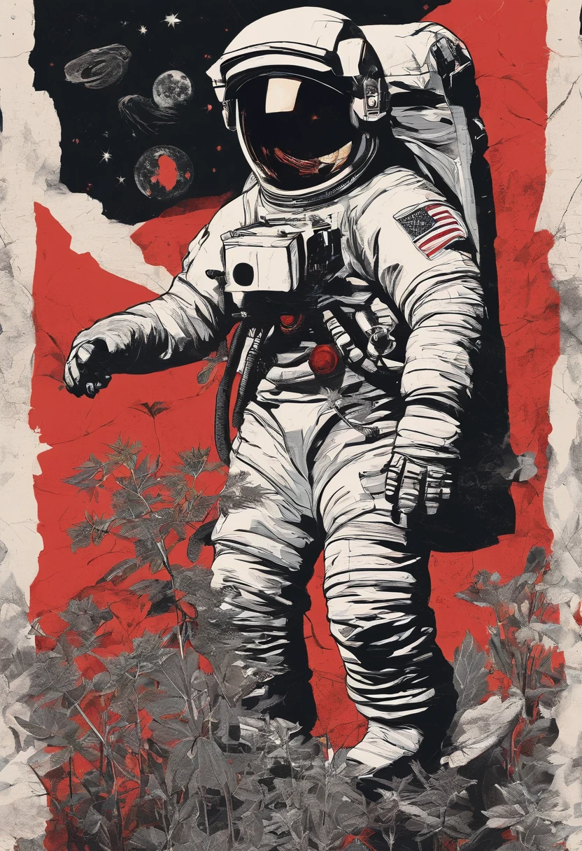 A variety of plants,Red body,black background,astronaut,Earth,broken