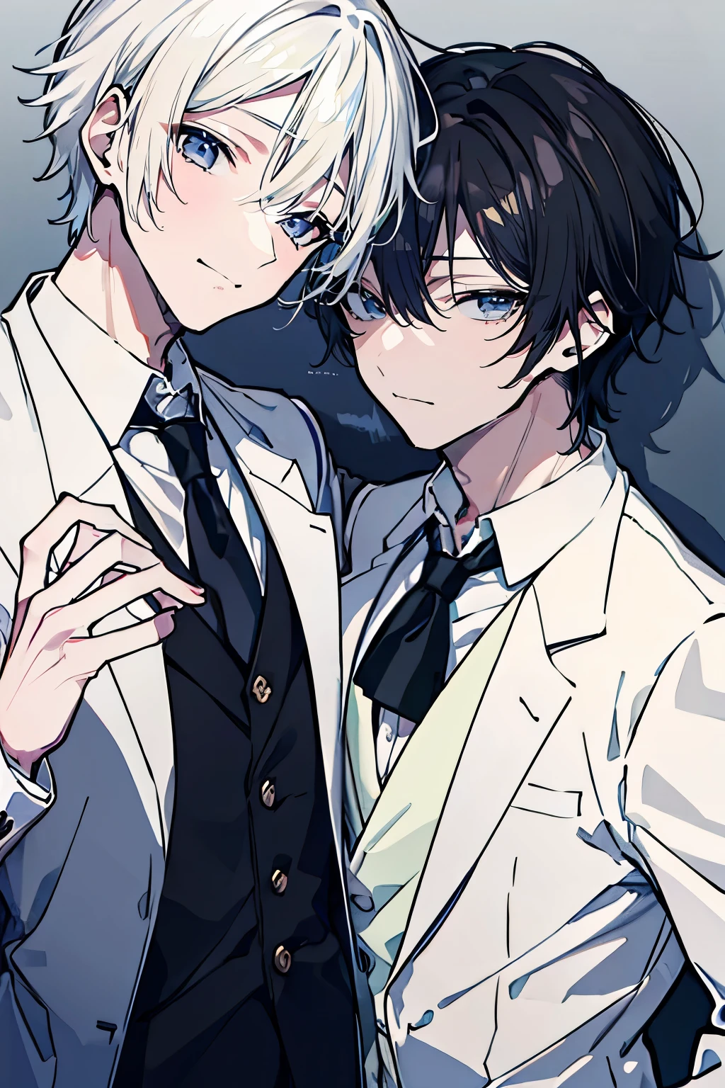 (Mastepiece), (Best Quality), Very detailed, ((Two friendly men)), Perfect Face, Beautiful Face, Very detailed顔,(Black-haired man:1.3),(white haired man:1.3),suit,shirt