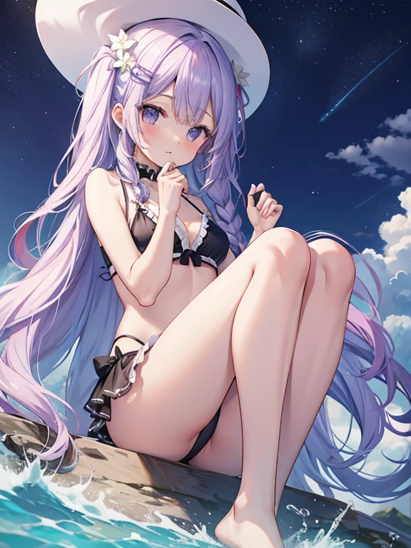 、。Big Ass、、Small breasts、I can see through my chest、、、satin、黄色のSwimwear、Beautiful feet、Light purple hair、Colorful long hair、The tips of the braids are red、、yellow、Swimwear、 For hair、Watery eye、big breasts、Small eyes、barefoot、、masterpiece、Best image quality、8k、Ecstasy、Seaside、kiss、、Night Sky、