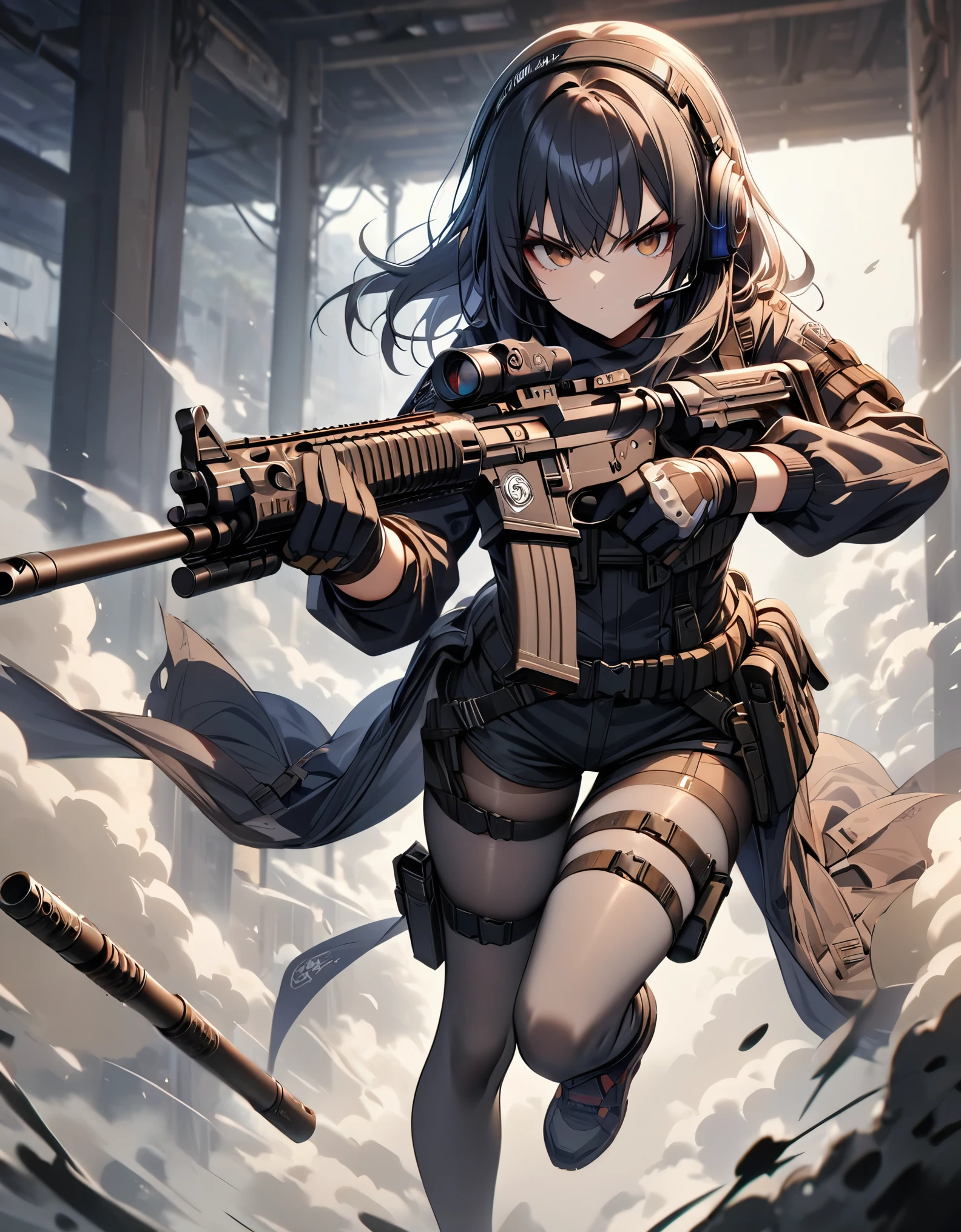 (masterpiece, best quality, high quality, highres, ultra-detailed), 1girl, muslim, brown eyes, full body, gloves, black hair, serious, stoic, headset, holster, kochiy sanae, solo, suppressor, thigh holster, thigh strap, trigger discipline, weapon, medium hair, matching grey pantyhose, black shorts, tights. using an assault rifle,