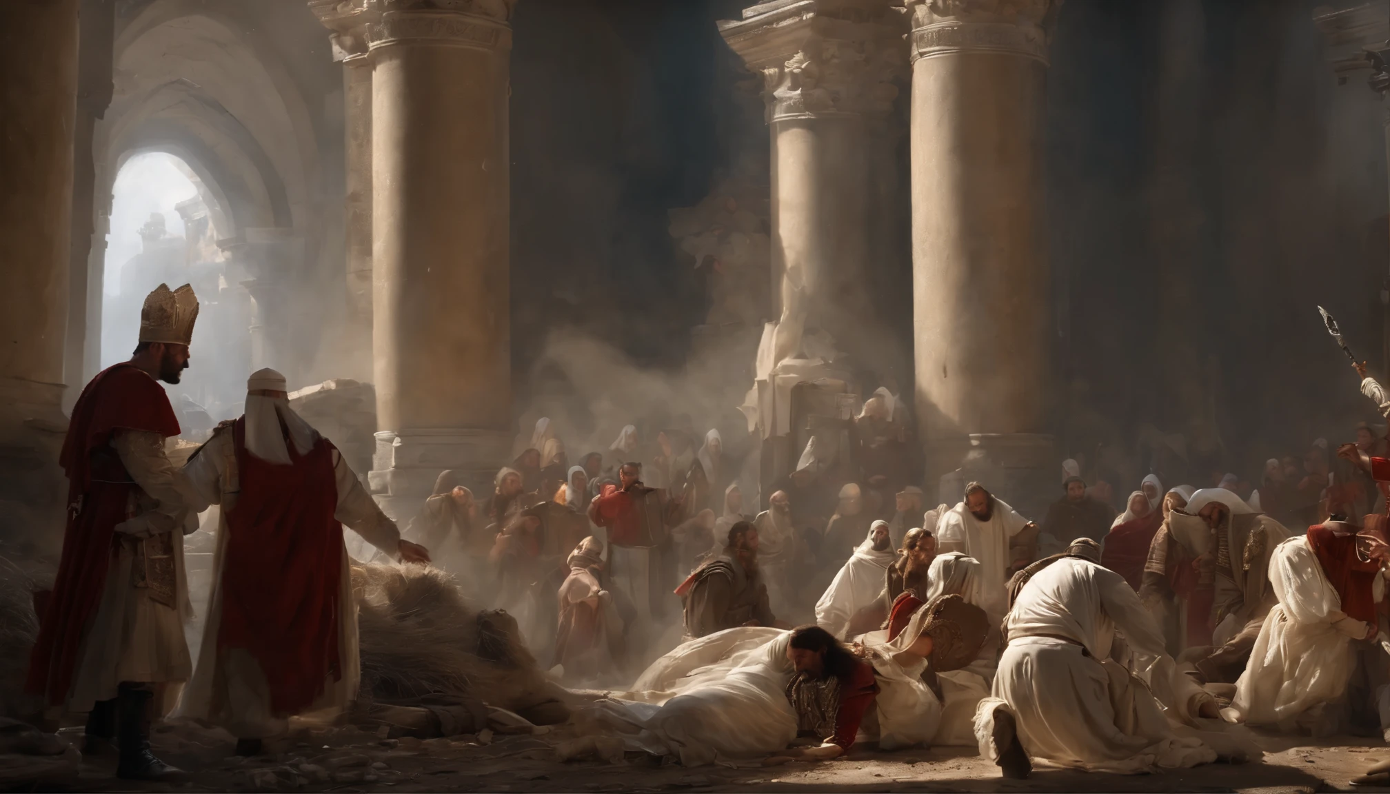 a bishop dressed in white being killed by soldiers in a ruined city, junto com outros religiosos, men and women of different classes and positions. 