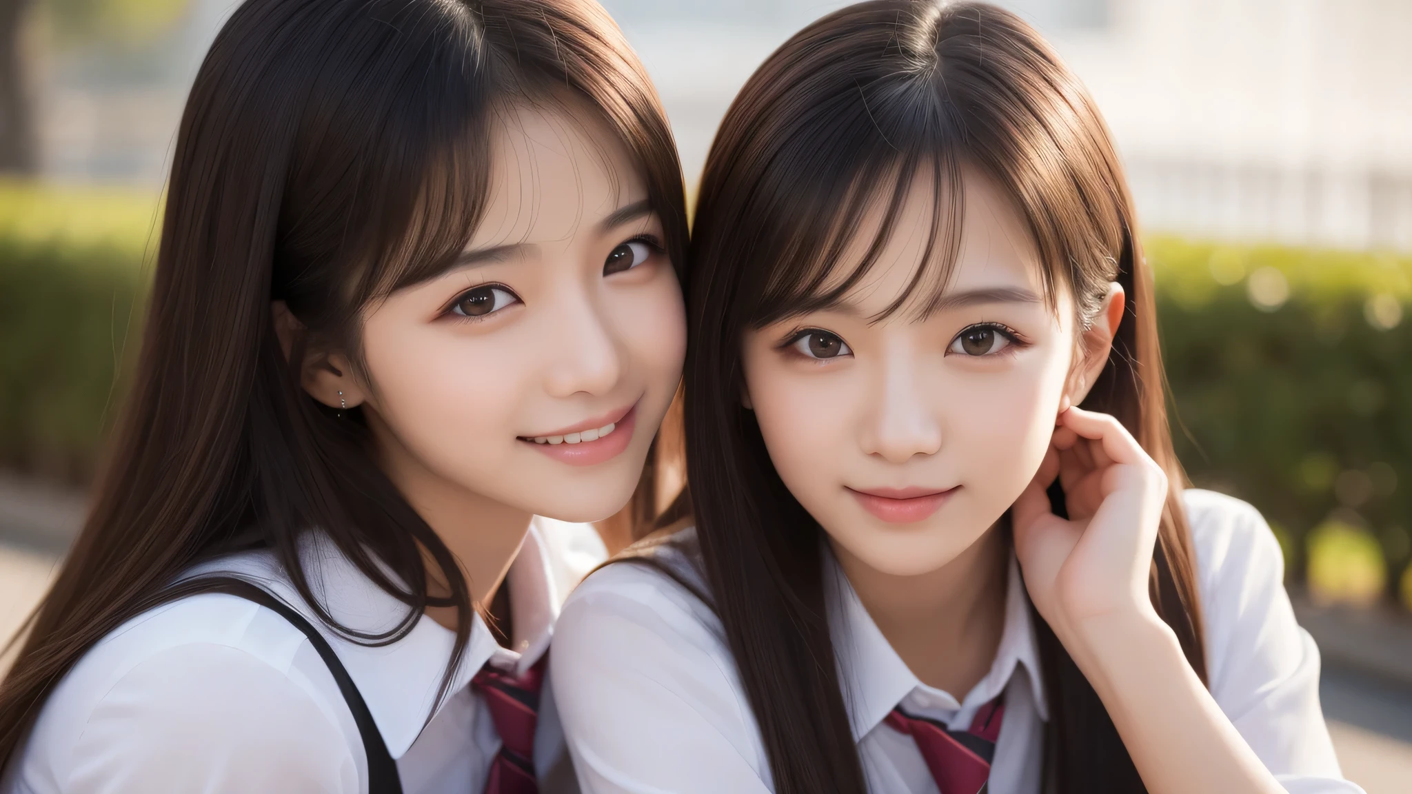 (2girl:1.2), enchanting smile, (Best Quality:1.4), Realistic, extremely detailed CG unified 8k wallpaper, highly detailed, High-definition raw color photos, professional photography, Realistic portrait, Cinematic Light, Beautiful detailed, Beautiful breasts, (Fine face:1.2), Close up portrait of girl, (high school uniform:1.2), Outdoors, 