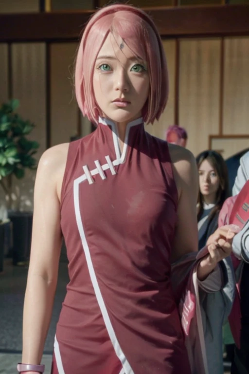 Real life adaption of this character,Asian teen beauty , realistic same hair, realistic outfit, realistic light, realistic shadow, hyper realistic, realism, realistic background,(photorealistic:1.2),green eyes color. Sakura / Sakura Haruno (Sakura Haruno) / [Boruto: Naruto Next Generation,1girl ,best quality ,ultra Higd ,detail realistic ,sceneHDR pro