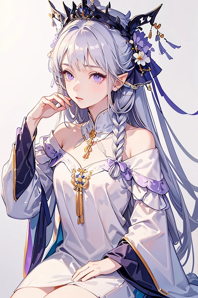 Best quality, highly detailed, masterpiece, ultra detailed, (reality: 1.2), 1 girl, (white background), simple background, delicate eyes, silver hair, purple eyes, hair_ornament, (white off-the-shoulder shirt: 1.3), long hair, pointy_ears, crown_braid, expressionless, straight hair, (++ sitting: 1.2), room,