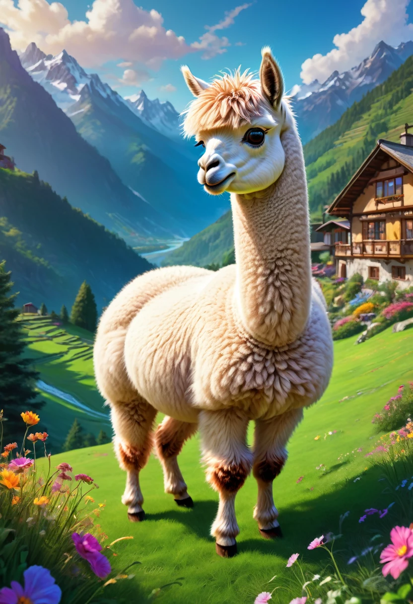 An Alpaca, aesthetic, best quality,ultra-detailed,realistic,photorealistic,alpaca,random activities,funny expressions,fluffy fur,cute eyes,curious pose,playful behavior,beautiful landscape,green grass,tall mountains,vibrant colors,sunshine,soft lighting,adventurous spirit,pure joy,memorable moment,artistic style,creative composition,colorful palette,harmonious atmosphere,ethereal ambiance,vivid details,dynamic motion,joyful energy,surreal elements,imaginative interpretation,sense of wonder,whimsical touch,playful imagination,unpredictable actions,mischievous smile,lively personality,surprising encounters,unexpected scenarios,endearing sight,delightful surprises,magical moments,fantastical elements,heartwarming scenes,cherished memories