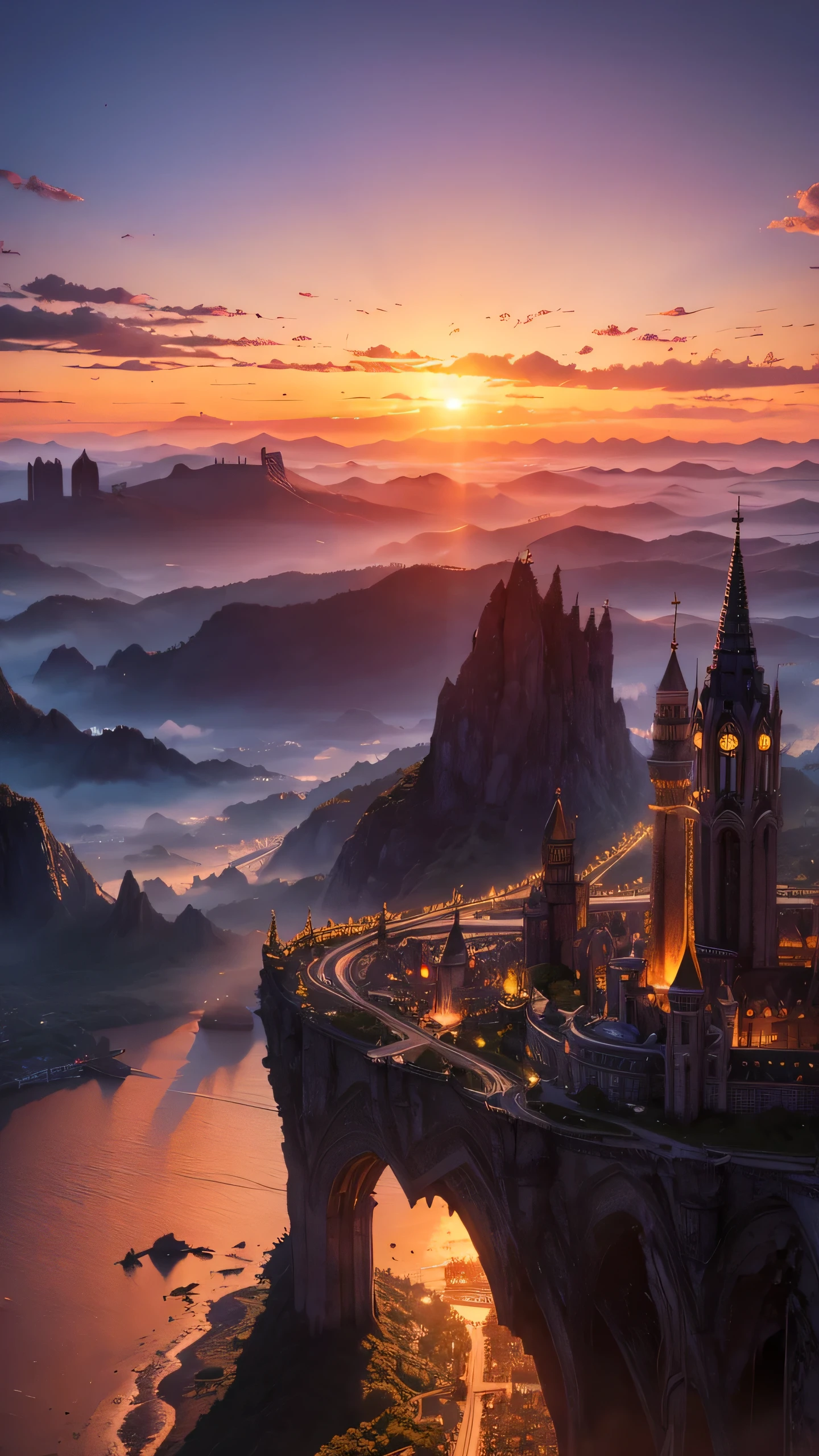 Highest quality,Fantasy,Big cities,Sunset