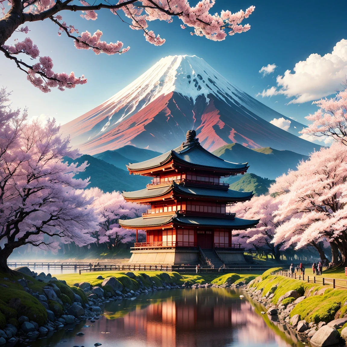 Japan Mt. Fuji, cherry blossom season, temple, River flow