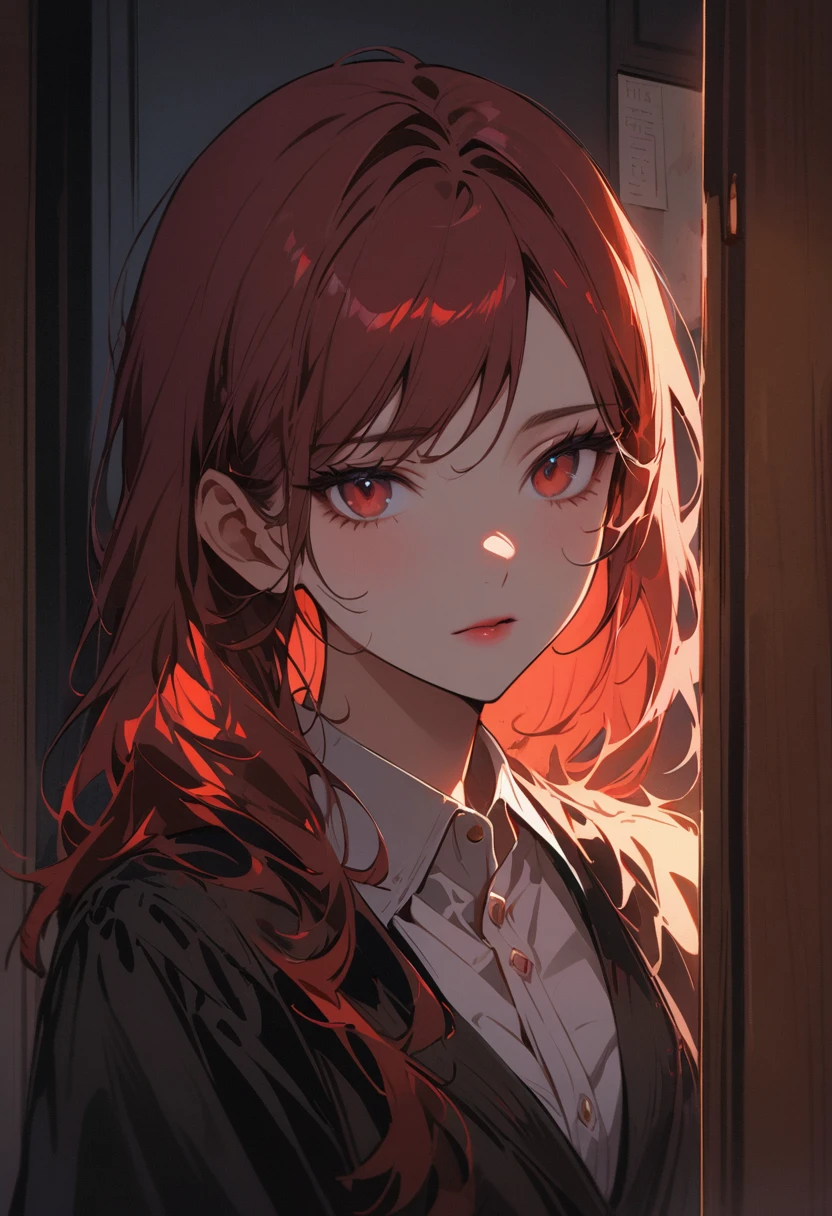 Portrait of a beautiful 18 year old girl, Red hair, Gorgeous Chinese, wearing cotton, at the door, (dark private office, Dark melancholy light: 1.2)