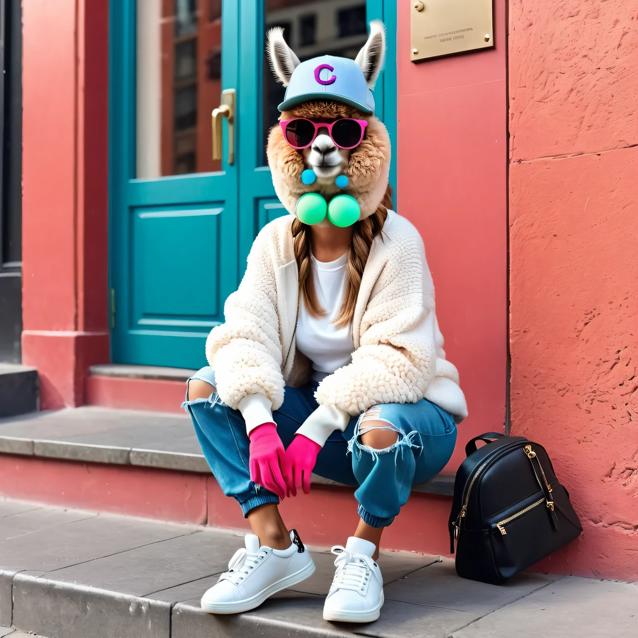 Picture an alpaca if she were a person in fashionable street style clothes, dark sunglasses, baseball cap, big bright Trainers on her feet, fashionable, cheeky, with buble gum