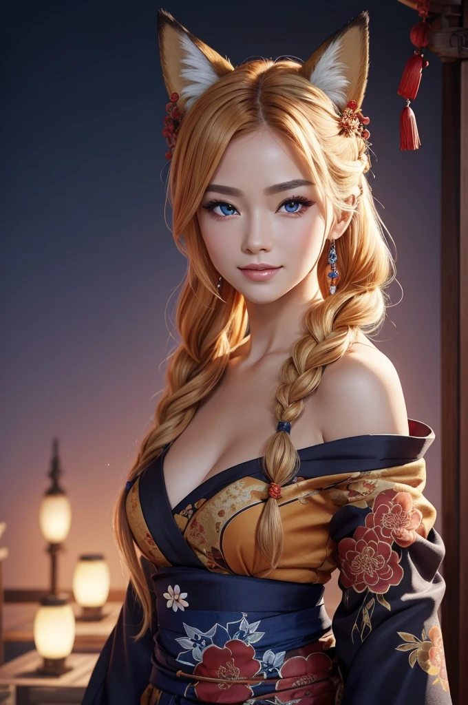 (Masterpiece, best quality, ultra-detailed), A portrait of a radiant adult woman with a warm smile directed at the viewer, Her blonde hair is straight and styled into a prominent French braid that drapes over her left shoulder, Her eyebrows are small and refined, captivating purplish-blue eyes with bold red eyeshadow applied generously at the bottom of her eyes, Her facial features are delicate and finely shaped with a small refined nose and full lips, No human ears are present only large and tall fluffy fox ears in vibrant orange with black tips, A striking red flower is prominently displayed within her braid, She wears a wide traditional blue yukata adorned with intricate floral patterns(blue yukata), enhancing her ethereal allure reminiscent of a Manhwa mom, Her figure is accentuated by large hips, regal fox queen with 9-tails ensuring the tails are visible and elegantly arranged, The resolution is set to 8k to capture all the ultra-detailed features, large boobd , and the background features a vibrant Chinese New Year celebration, complete with lanterns, fireworks, and traditional decorations, creating a beautiful scenery, (Ensure no human ears, only fox ears are generated)