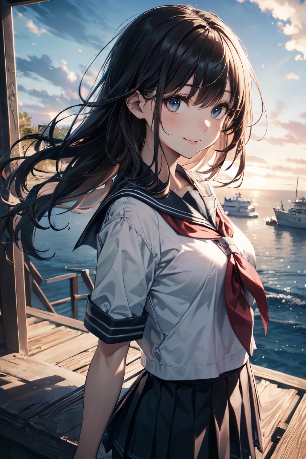very cute and beautiful school girl viewing sea on hilltop,(highly detailed beautiful face),
(smile),cowboy shot,(sailor ,pleated navy blue mini skirt),black hair,zettai ryouiki,
(looking at sea,from top of hill),many houses with red roof,detailed landscape,
(best quality,masterpiece:1.0),absurdres,highres,ultra-detailed,extremely detailed,32k,8k resolution,
intricate details,cinematic scene,detailed background,solo,dynamic angle,
natural lighting,hair fluttering in the wind,beautiful detailed sky,realistic,